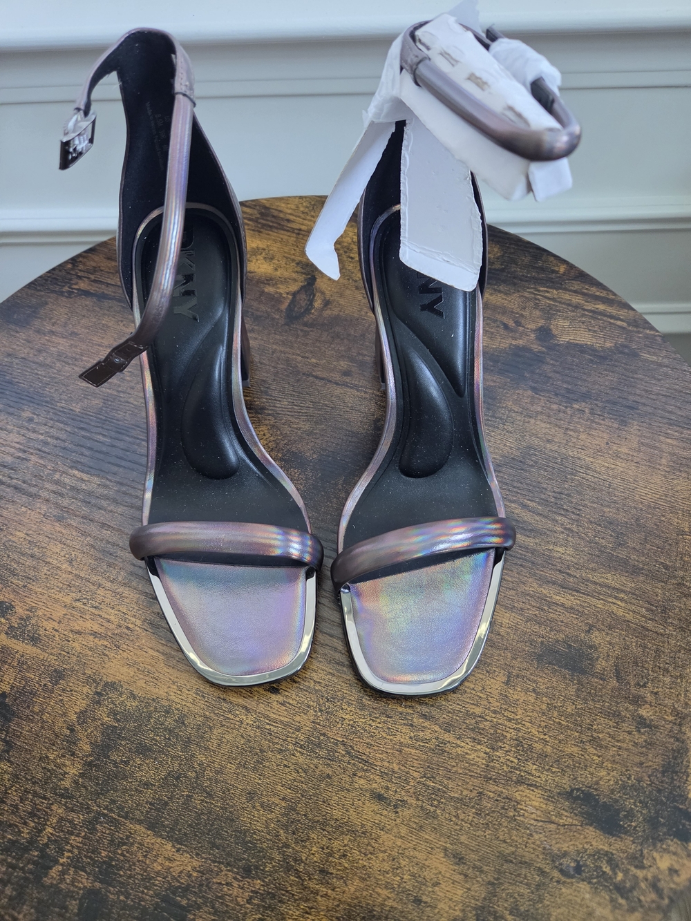 DKNY Iridescent Holographic Block Heel Ankle Strap Sandals